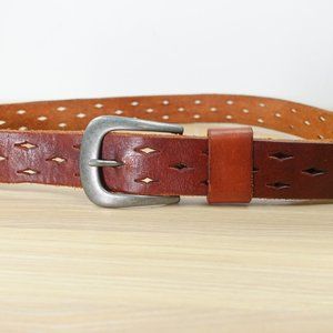 Belt Brown Leather Size 34 Adult‎ Casual Dress Metal Buckle Handmade Laser Cut